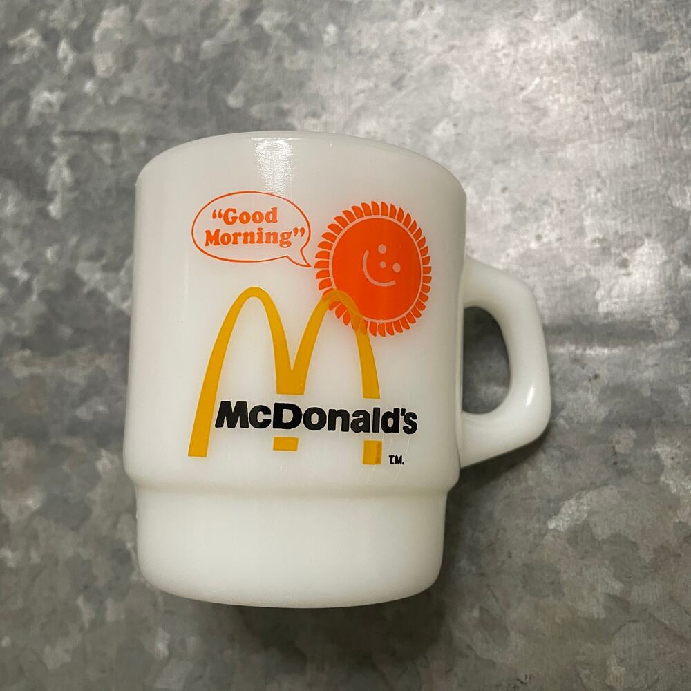 Vintage Good Morning McDonald’s Anchor Hocking Fire King USA Milk Glass Mug Cup
